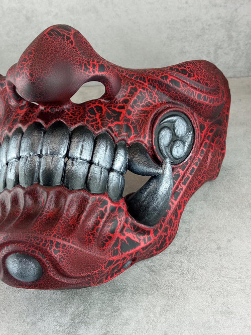 Red Cracked Samurai Mask with Silver Fangs  ,Samurai Wearable Half Mask ,Mampo mask