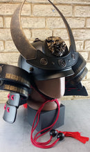 Black Samurai Kabuto Helmet with Bronze Accents and Oni Tiger Central Emblem