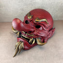 Red Cracked Tengu Demon Mask with Golden Fangs