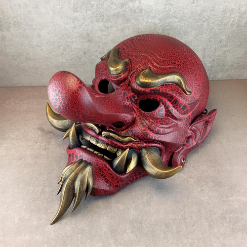 Red Cracked Tengu Demon Mask with Golden Fangs