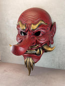 Red Cracked Tengu Demon Mask with Golden Fangs