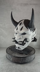 Traditional Hannya Mask - Black and White with Cracked Pattern, Black Hair, Horns and Fangs