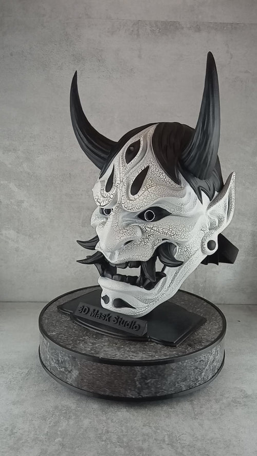 Traditional Hannya Mask - Black and White with Cracked Pattern, Black Hair, Horns and Fangs
