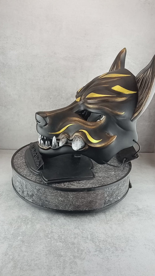 Traditional Japanese Kitsune (Okami) Wearable Mask – Black with Gold Design
