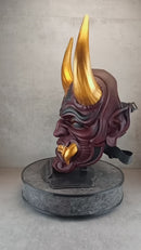 Traditional Japanese Hannya Mask – Cherry Red with Cracks, Large Golden Horns, Fangs & Eyes