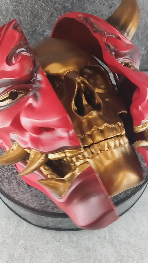 3D Wall Art | Octagonal Frame Hannya Mask Cracked in Half | Red Japanese Demon Mask with Gold Horns, Fangs & Skull Inside | Oni Home Decor