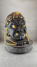 Wearable Traditional Japanese Fudo Demon Mask – Black with Gold Fangs