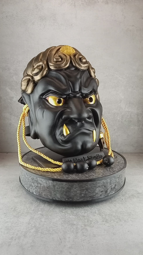 Wearable Traditional Japanese Fudo Demon Mask – Black with Gold Fangs