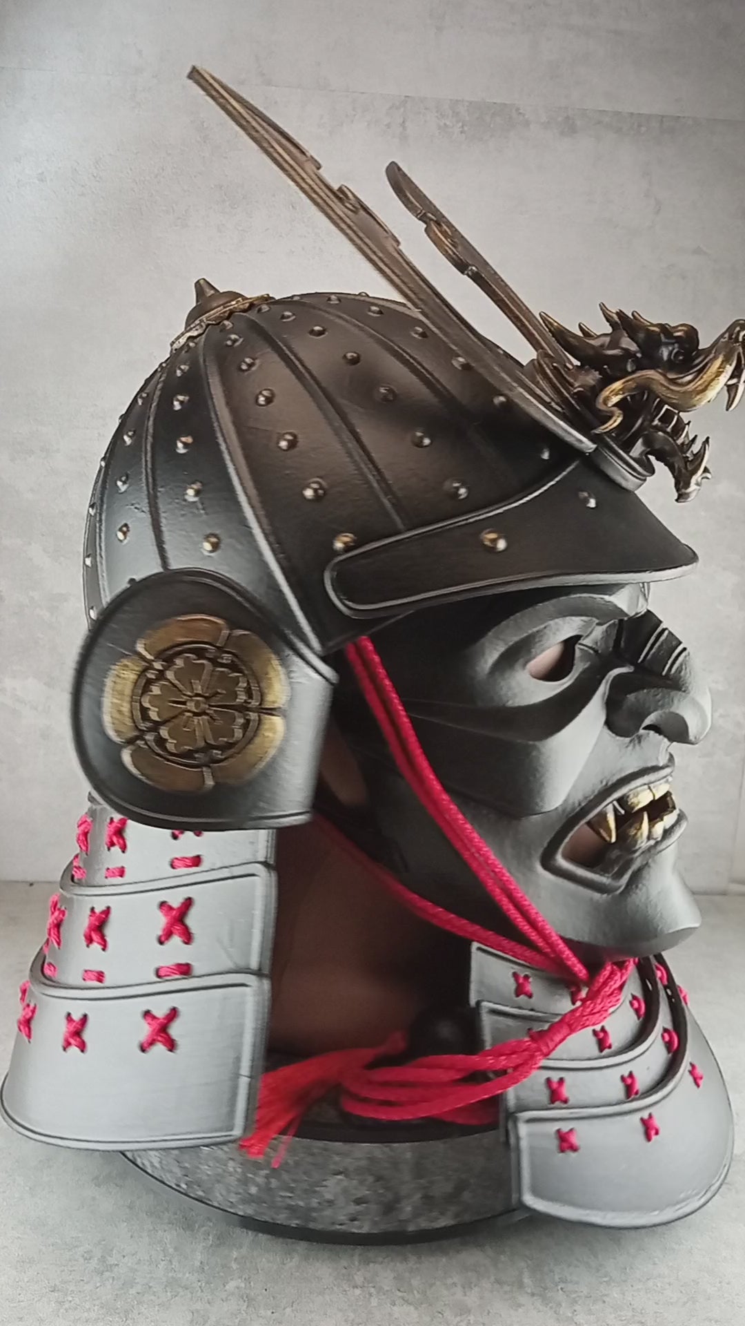 Samurai Kabuto Helmet – Black with Bronze Dragon Crest and Red Cord, with Menpo or Somen Face Mask