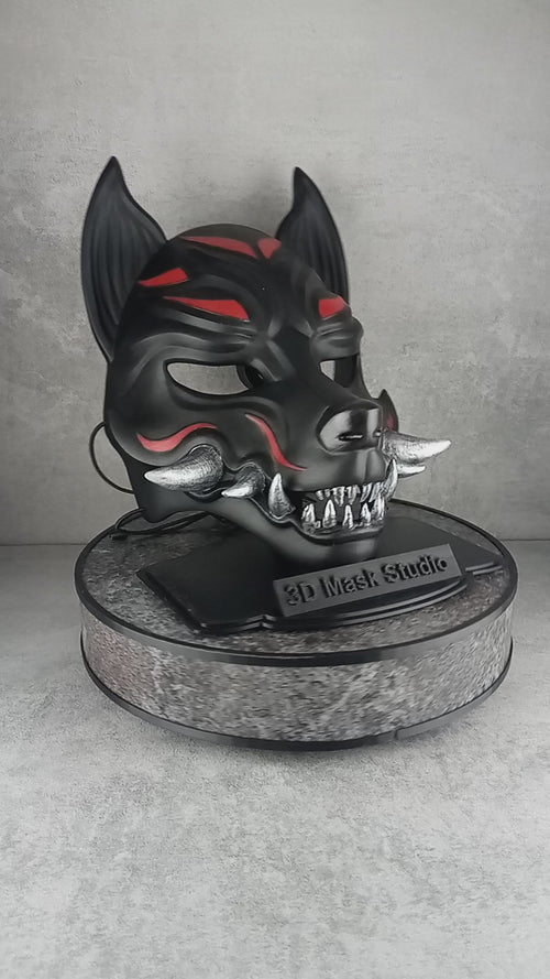 Traditional Japanese Kitsune (Okami) Wearable Mask – Black with Red Design